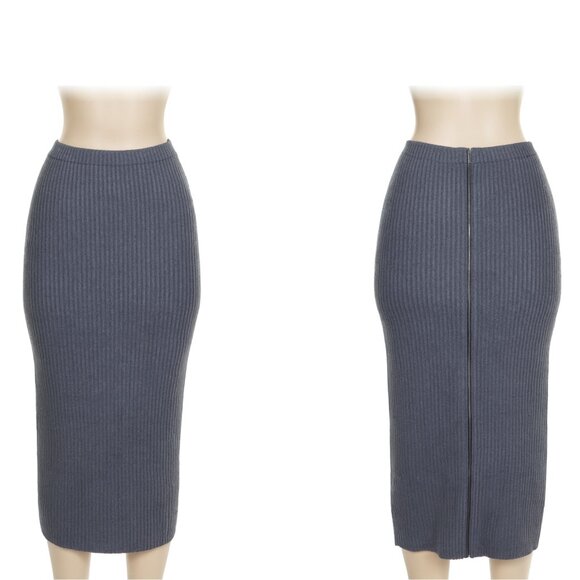 theory ribbed heather gray zip down midi skirt size P petite stretchable bodycon - Picture 1 of 5